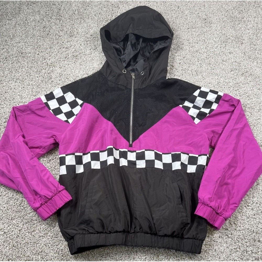 Forever 21 Checkered Racing Hoodie Windbreaker Quarter Zip Black Pink Womens Med